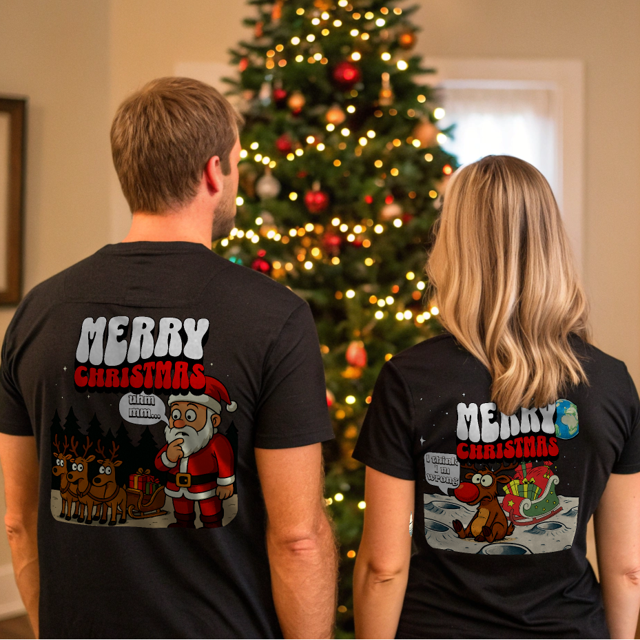 Lustiges Weihnachts- / Partner T-Shirt "Rentier auf dem Mond"